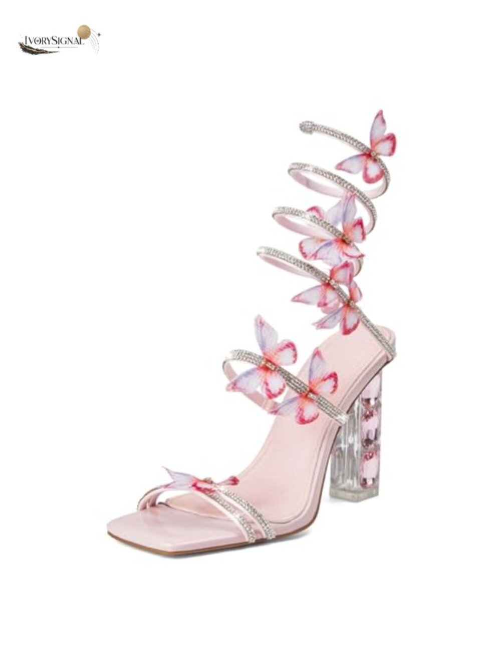 Square Toe Rhinestone Butterfly Strappy Heels Dressy Sandals